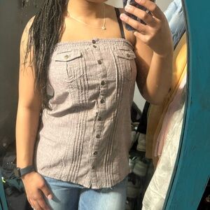 Dolled Up Beige Strapless Button-Down Blouse